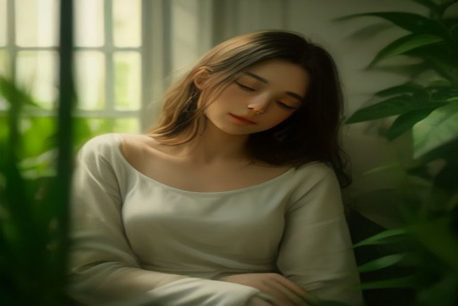 A woman seated with eyes closed and a slight smile, humming, in a calm room with plants and soft light