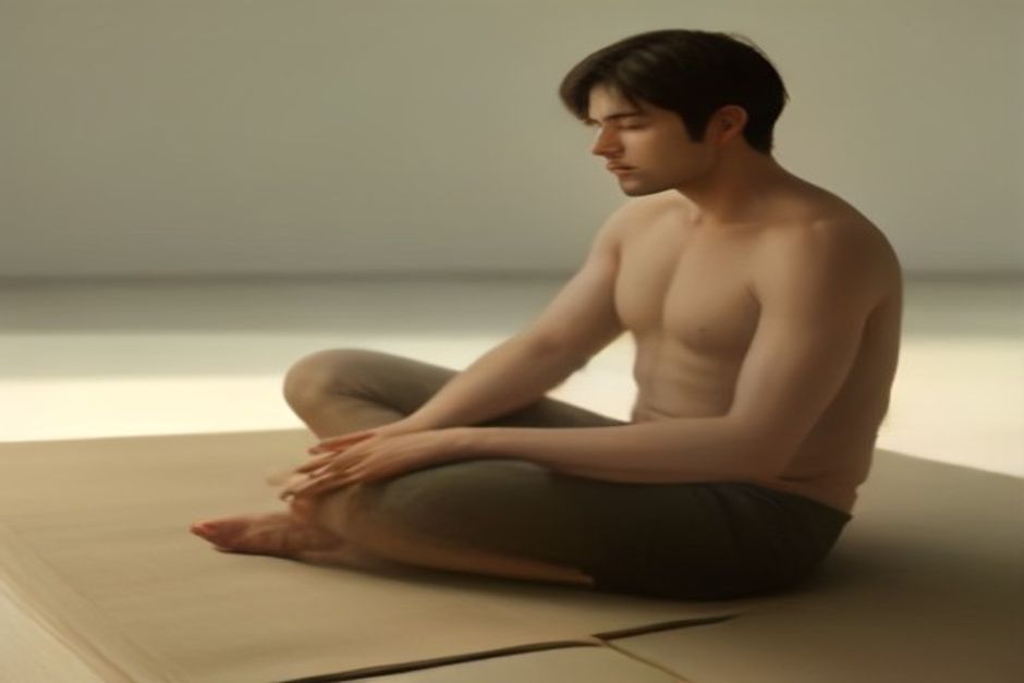 A calm man sitting cross-legged on a mat with eyes closed, hands resting on knees, breathing evenly