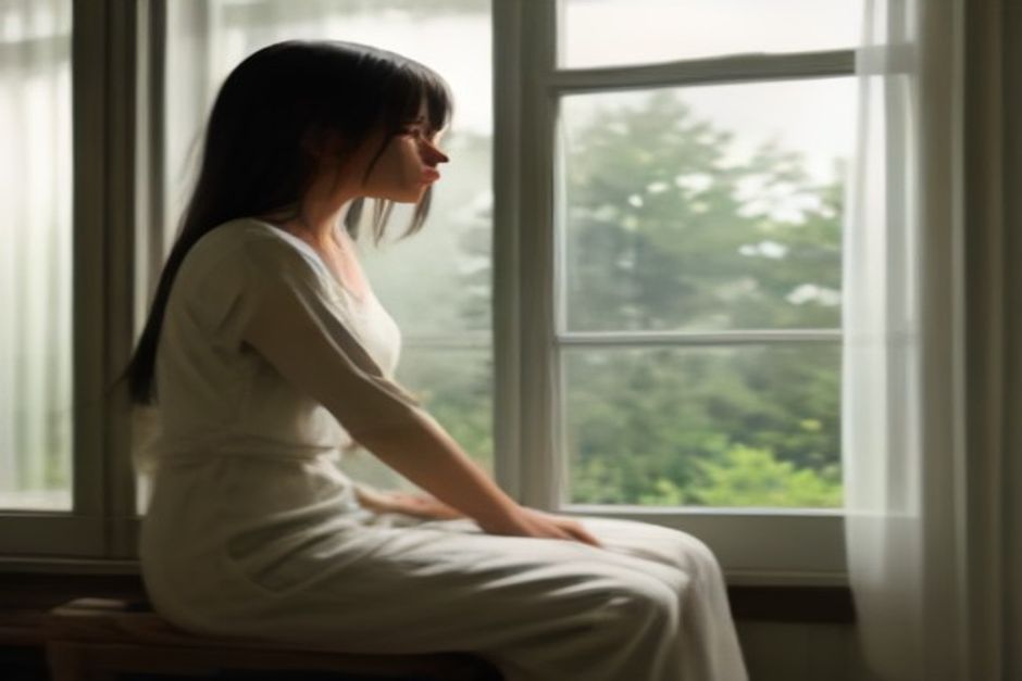 Person seated cross-legged by an open window practicing breathwork, soft summer light, linen curtain
