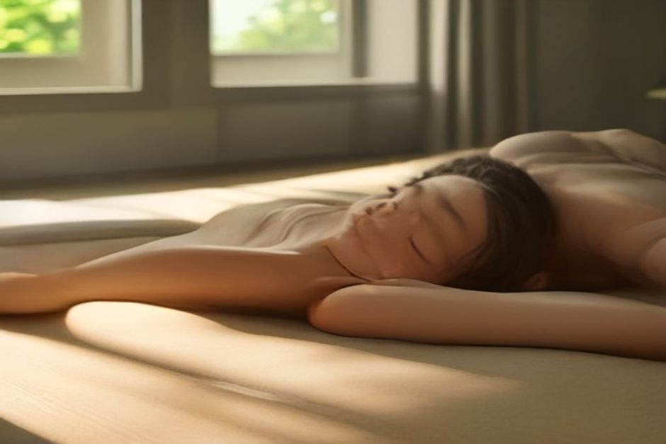 A person lying on a yoga mat with one hand on the belly and one on the chest, eyes closed, in soft window light
