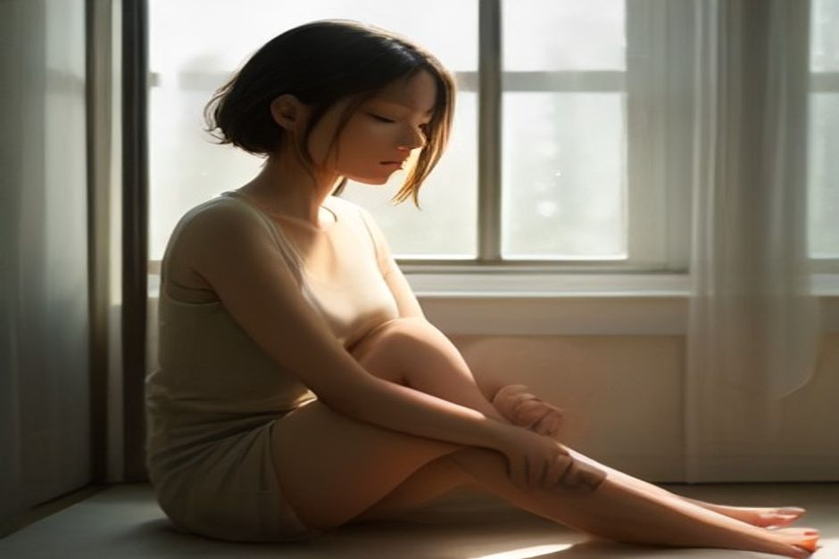 A person sitting cross-legged by a window in soft morning light, eyes closed, hands resting on knees, breathing calmly