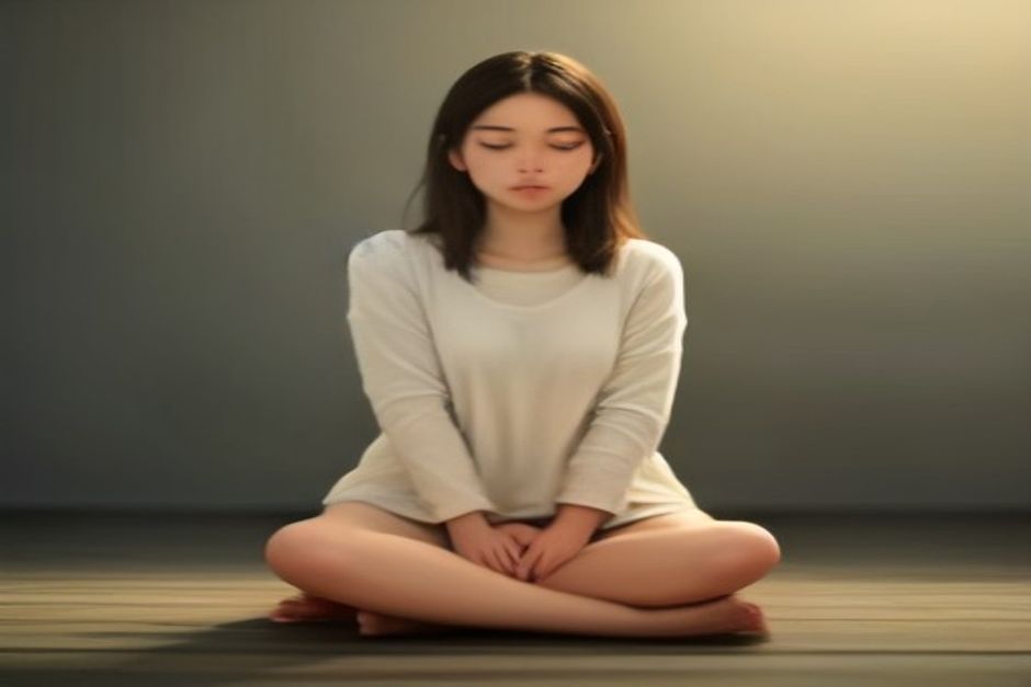 A person sitting cross-legged with eyes closed and hands resting gently over their ears, practicing humming breath in soft natural light