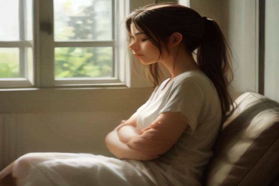 A woman seated cross-legged on a cushion by a window, eyes closed, hands resting softly over her ears, warm morning light