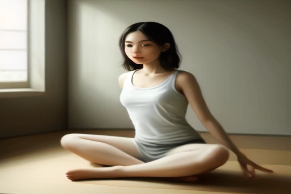 A woman seated on a yoga mat in a bright calm room, exhaling playfully with her tongue out