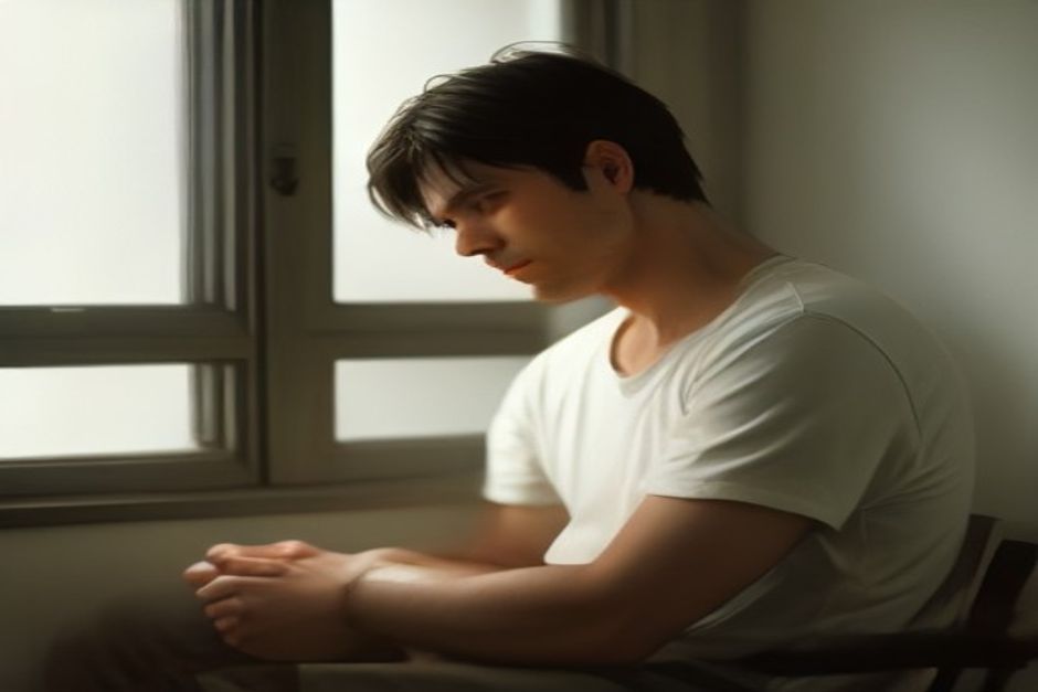 A man seated cross-legged with right hand raised to his nose in alternate nostril breathing, soft window light