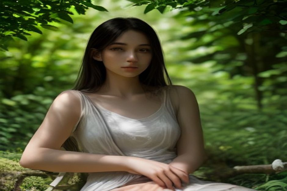 A person seated cross-legged in dappled summer shade, relaxed, with soft green and earth tones