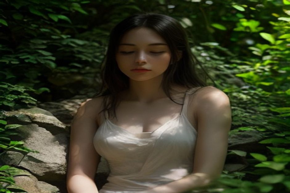 A person seated in a shaded garden with eyes closed, breathing calmly, dappled light and earth tones