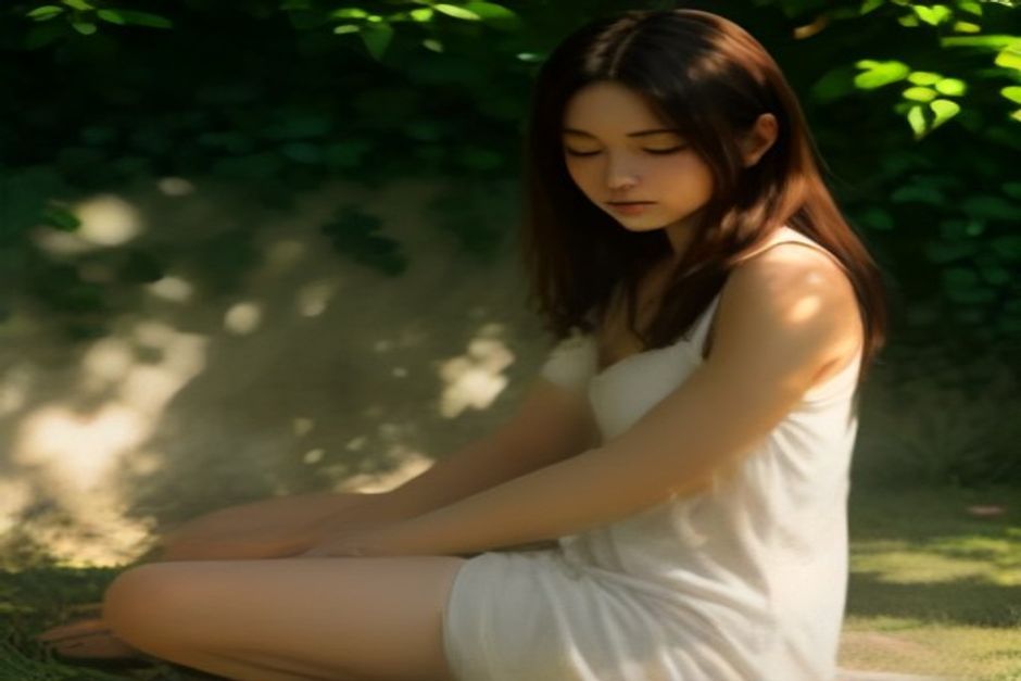 Person sitting cross-legged in soft shade practicing breathing with eyes closed, warm summer light, calm expression