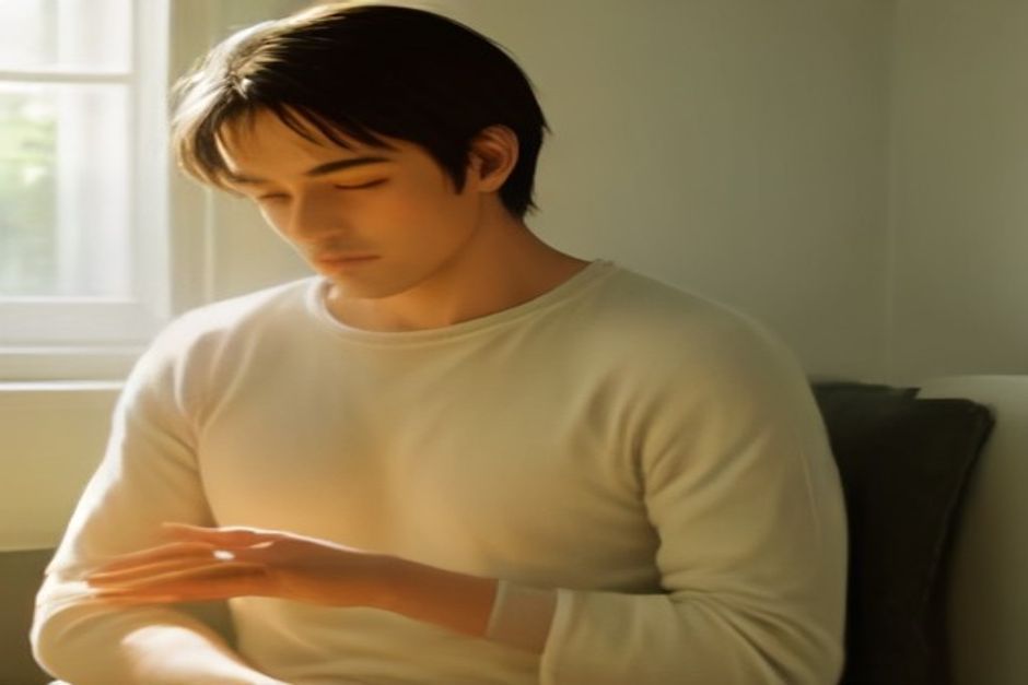 A man seated upright on a cushion in warm morning sunlight, right hand raised to his nose practicing right-nostril breathing