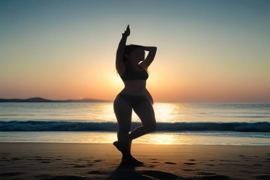 A woman practicing yoga by the sea at dawn, eyes closed, breathing steadily in a standing pose