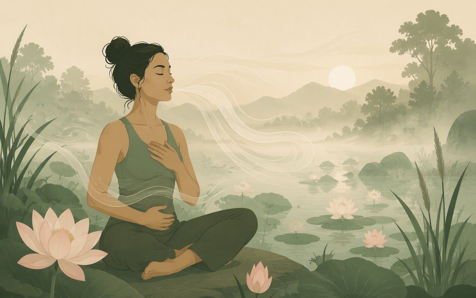 Woman breathing deeply by a misty lotus pond