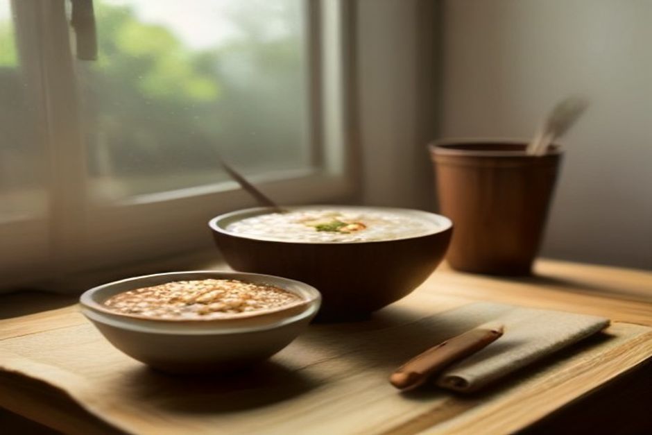 A warm bowl of spiced rice porridge with stewed fruit and a cup of tea on a wooden table in soft morning light