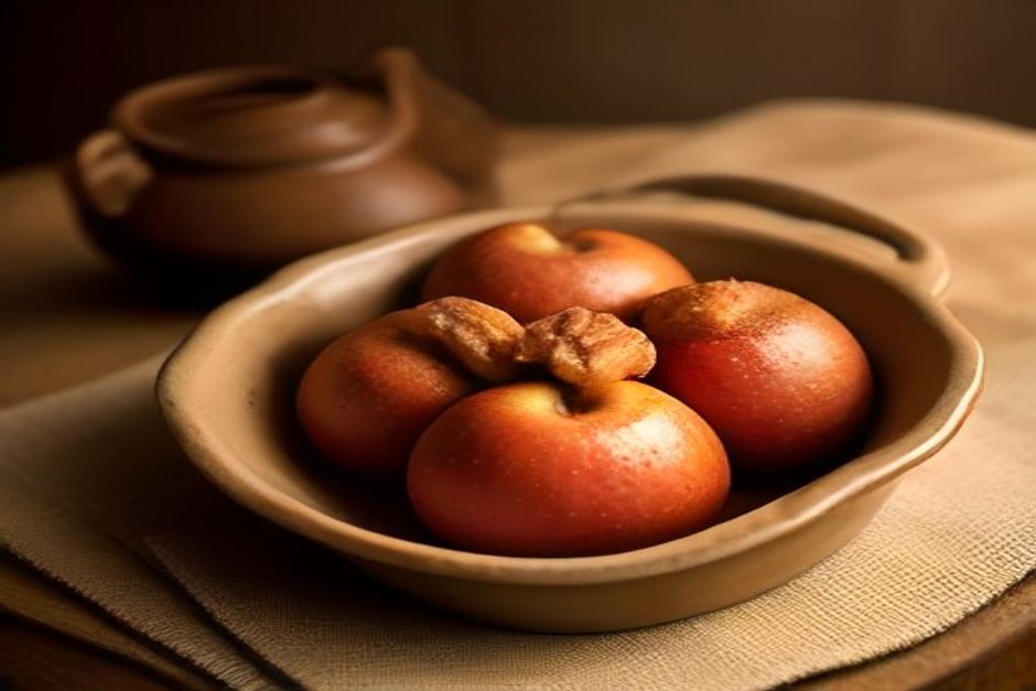 Baked apples with cinnamon and chopped walnuts in a ceramic baking dish