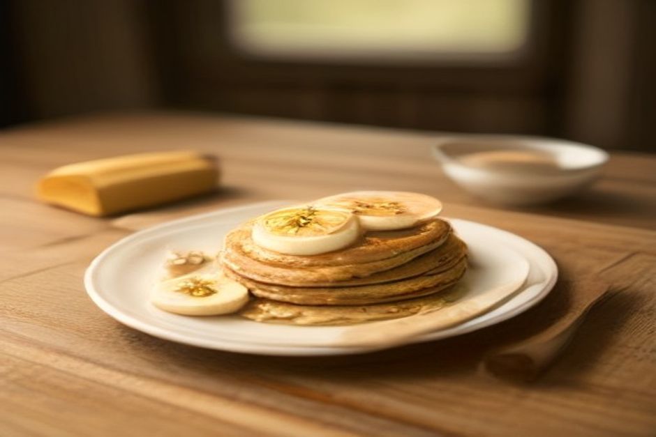 A small stack of golden banana-oat pancakes on a ceramic plate with sliced banana, morning light