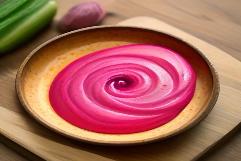 A bowl of vivid pink beet hummus swirled with olive oil, on a wooden board with bread and cucumber slices