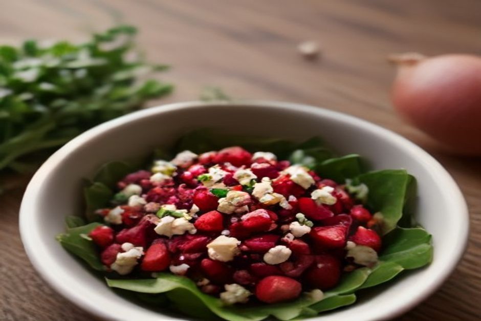 A bowl of roasted beet salad with leafy greens, walnuts, and crumbled cheese on a wooden table in warm natural light