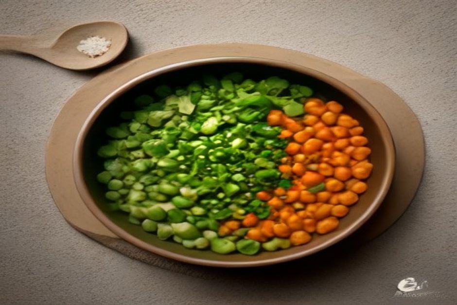 A wide ceramic bowl with sections of brown rice, roasted chickpeas, greens, shredded carrot, and avocado, drizzled with sauce, overhead natural light