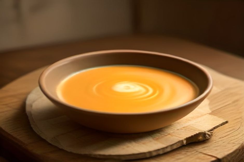 A bowl of smooth orange carrot-ginger soup with a drizzle of cream, on a wooden table in warm light