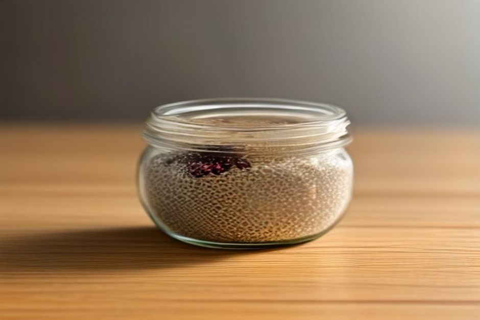 A glass jar of chia pudding topped with berries and nuts on a wooden table in soft morning light