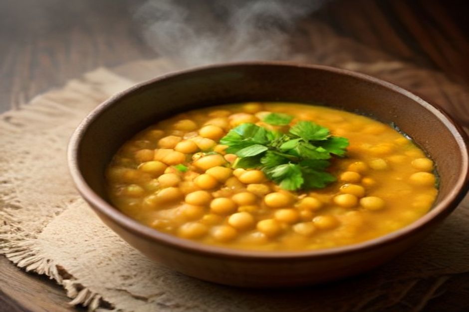 A bowl of chickpea curry with rice and fresh cilantro on a wooden table in natural light