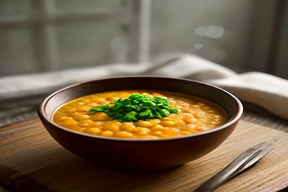 A bowl of chickpea and spinach curry with rice, warm earthy tones, natural window light