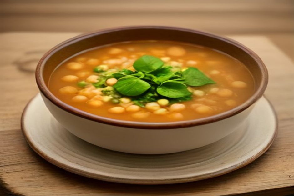 A rustic bowl of chickpea and spinach stew with tomato broth and a lemon wedge on a wooden table