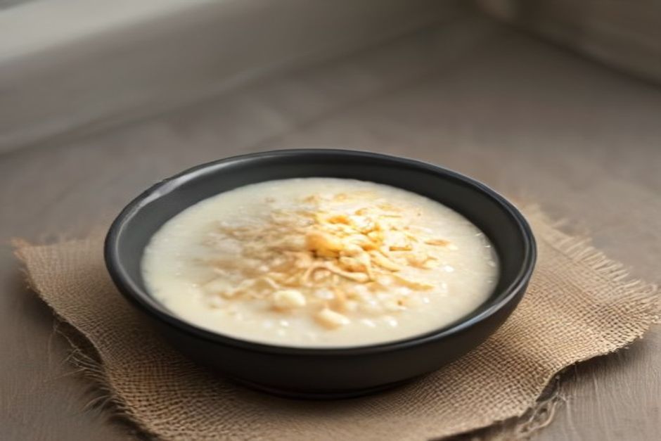 A small ceramic bowl of creamy coconut rice pudding topped with ground cardamom and toasted coconut flakes on a linen cloth in soft daylight