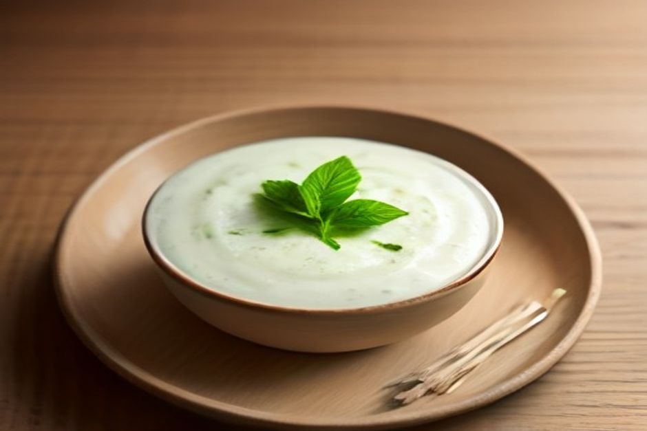 A small ceramic bowl of cucumber raita topped with cumin and mint on a wooden table