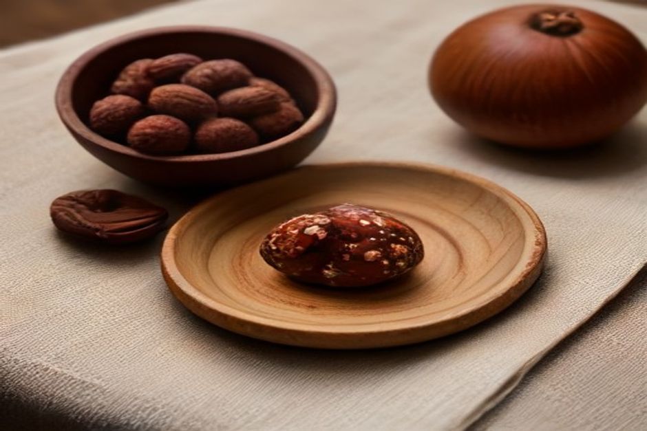 A small wooden plate of round date-and-nut energy balls, one rolled in cocoa, with dates and almonds scattered nearby, natural light
