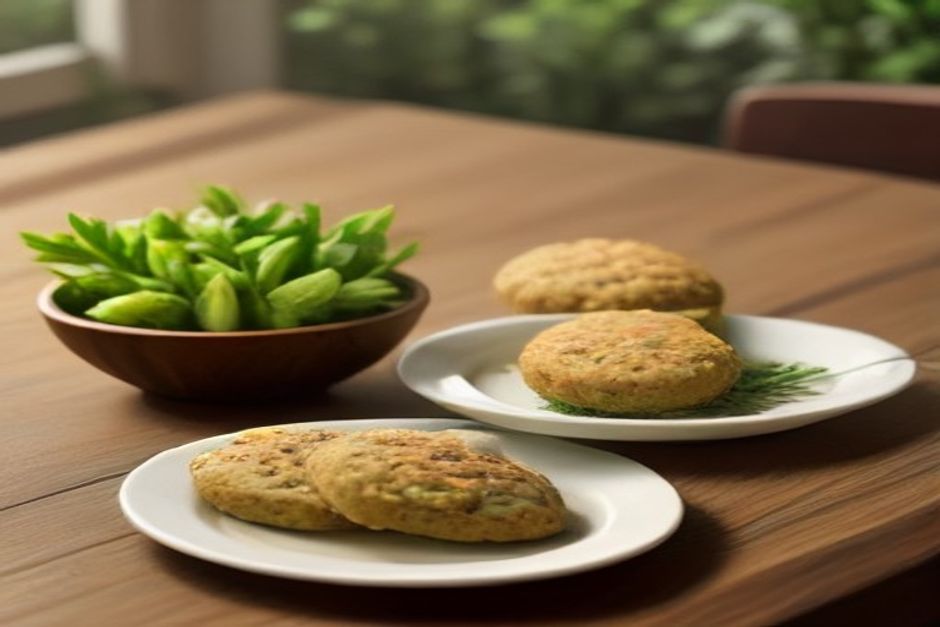 Golden baked falafel patties on a ceramic plate with herbs, cucumber, and a small bowl of yogurt sauce