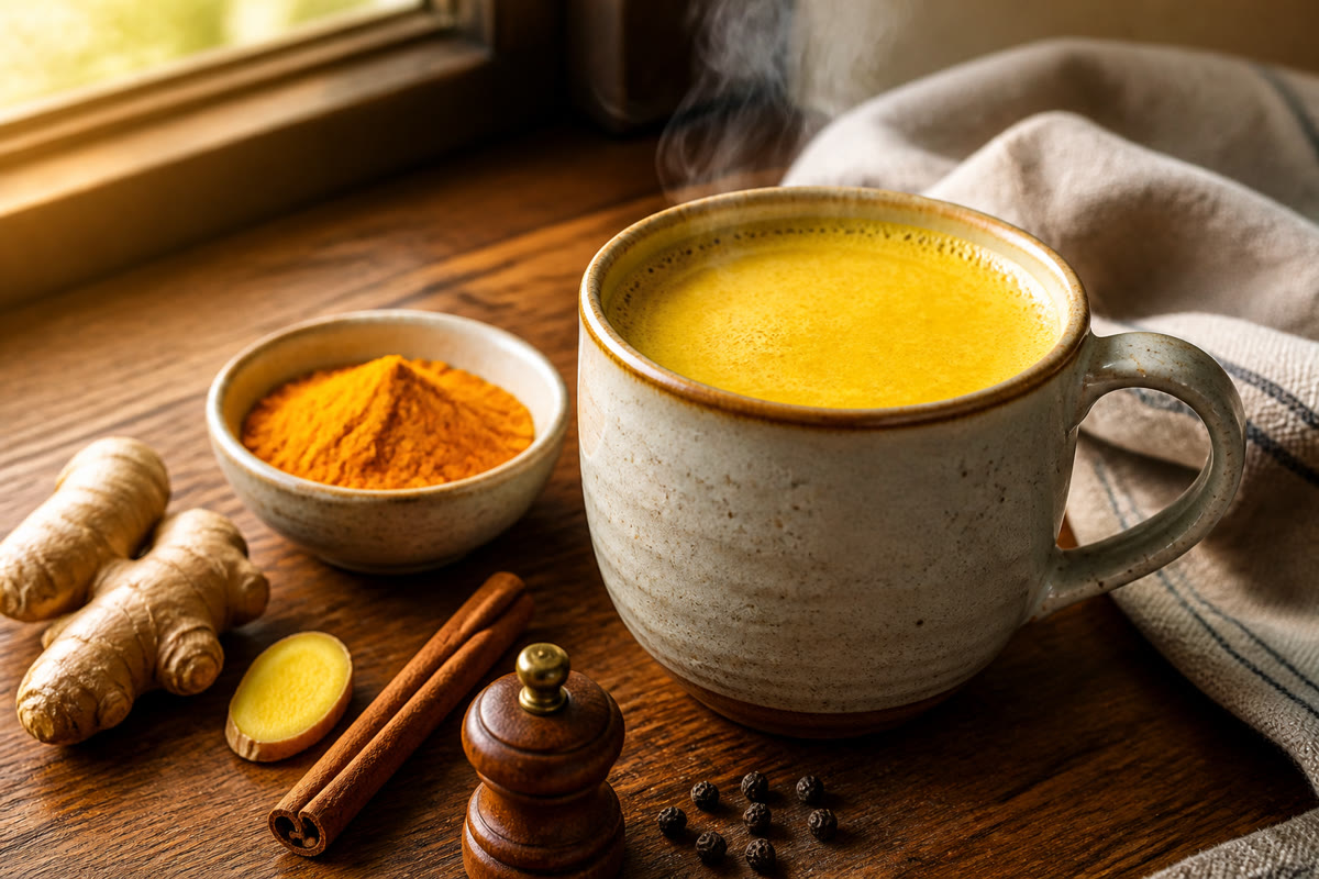 A ceramic mug of golden-yellow turmeric milk steaming on a wooden table beside a small jar of ground turmeric, warm evening light