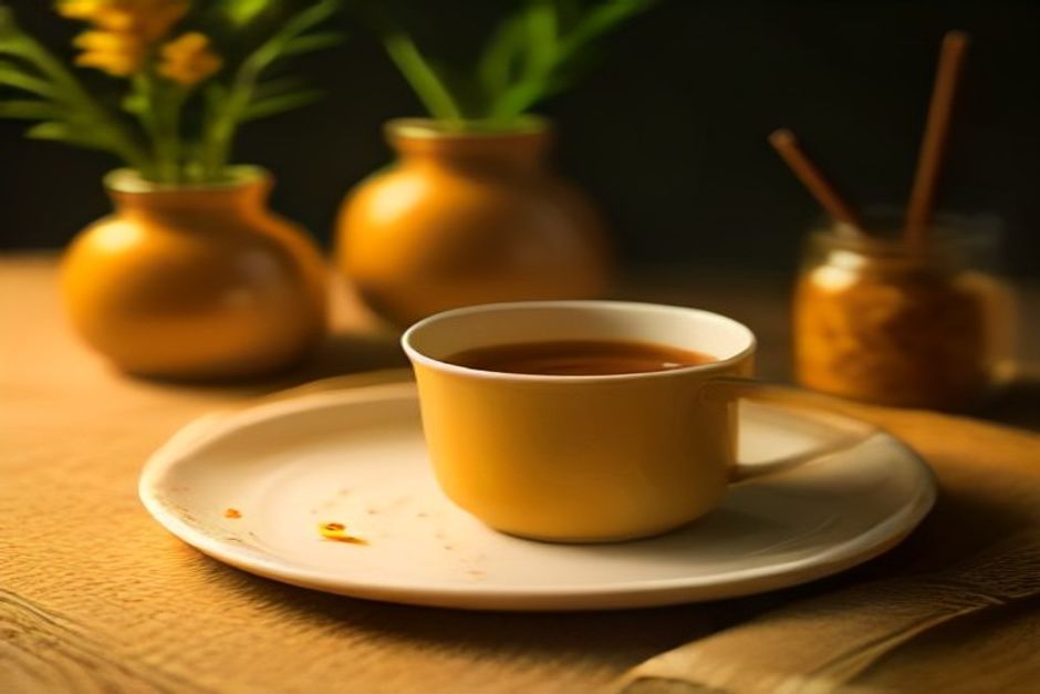 A mug of golden-yellow turmeric milk on a saucer beside a small jar of turmeric powder, warm evening light
