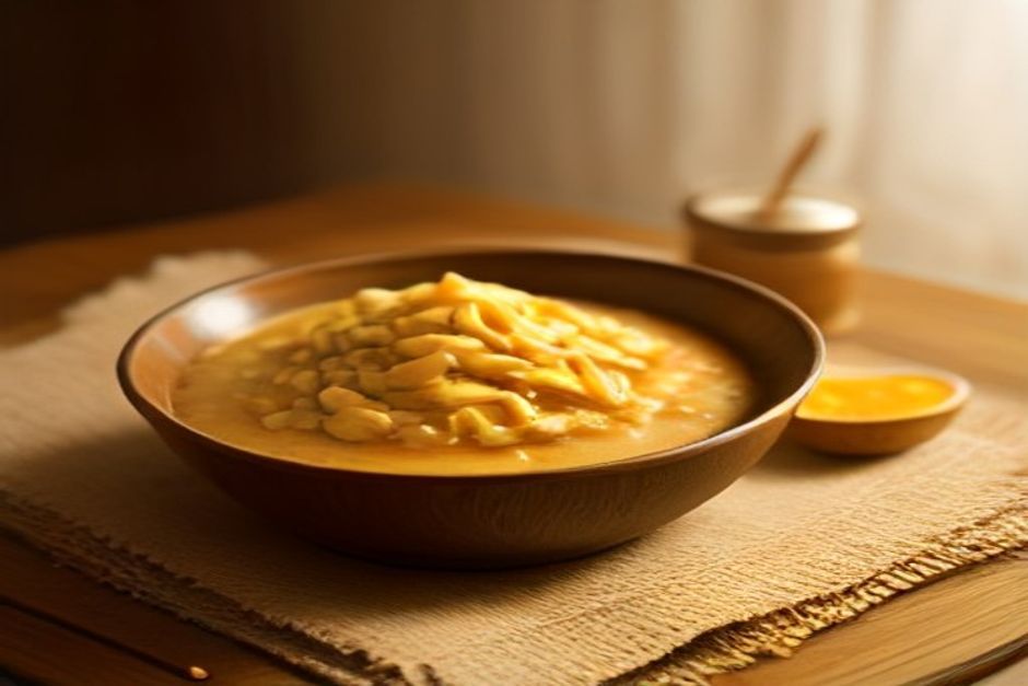 A bowl of golden-yellow oatmeal topped with banana slices, seeds, and a drizzle of honey on a linen cloth in morning light