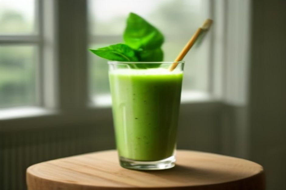 A tall glass of pale green smoothie on a light wooden counter with fresh spinach leaves, half a banana, and ginger root beside it, morning light
