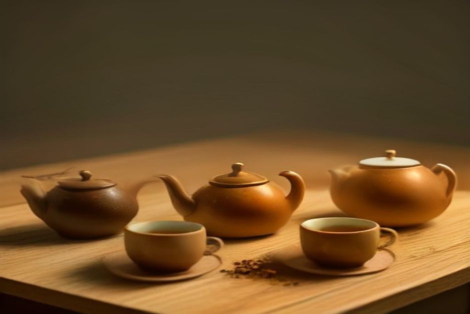 Three ceramic cups of herbal tea with dried herbs and a small teapot on a wooden table, warm natural light