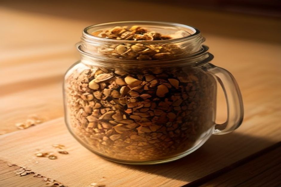 A glass jar of golden homemade granola with visible oats, almonds, and seeds on a wooden kitchen counter in morning light