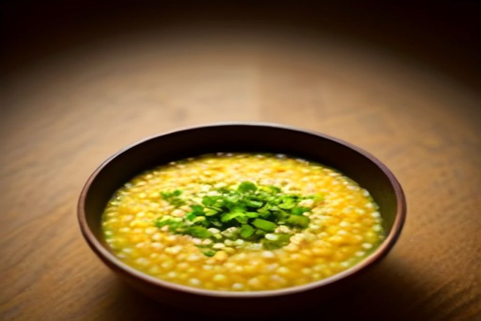 A bowl of golden kitchari with rice and split mung beans, garnished with cilantro, on a wooden table in warm light