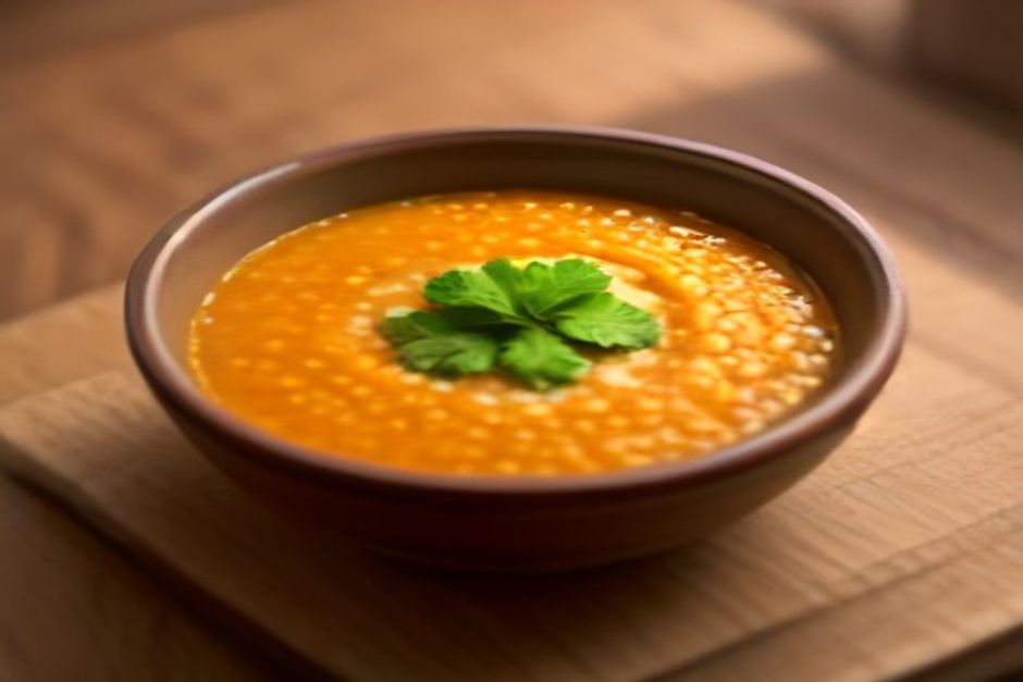 A bowl of orange-red lentil dal garnished with cilantro beside rice, warm natural light on a wooden table