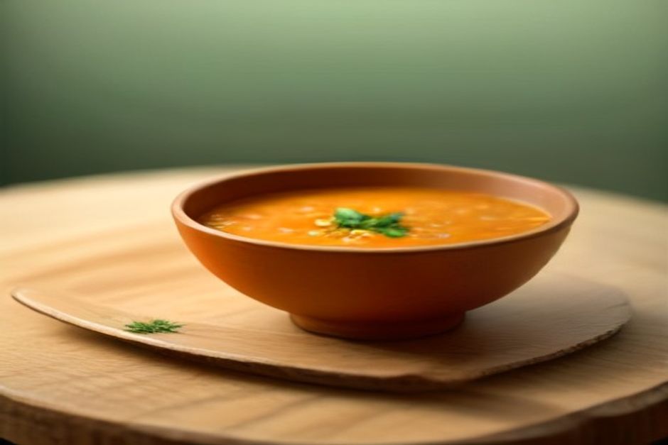 A rustic bowl of orange-red lentil soup with a lemon wedge and fresh herbs on a wooden table in soft daylight