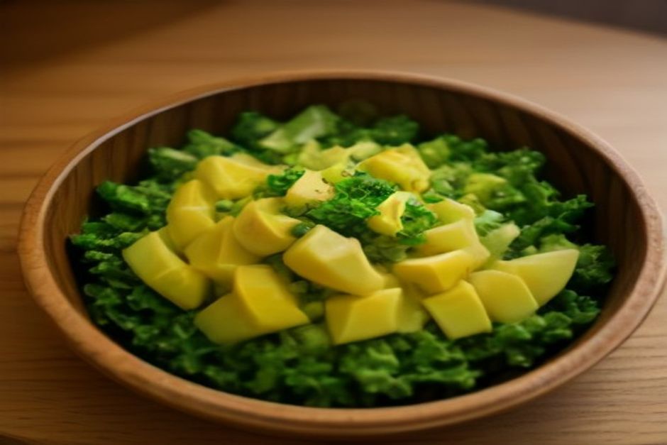 A bowl of dark green massaged kale salad with tahini dressing, chickpeas, and lemon wedges on a light wooden table