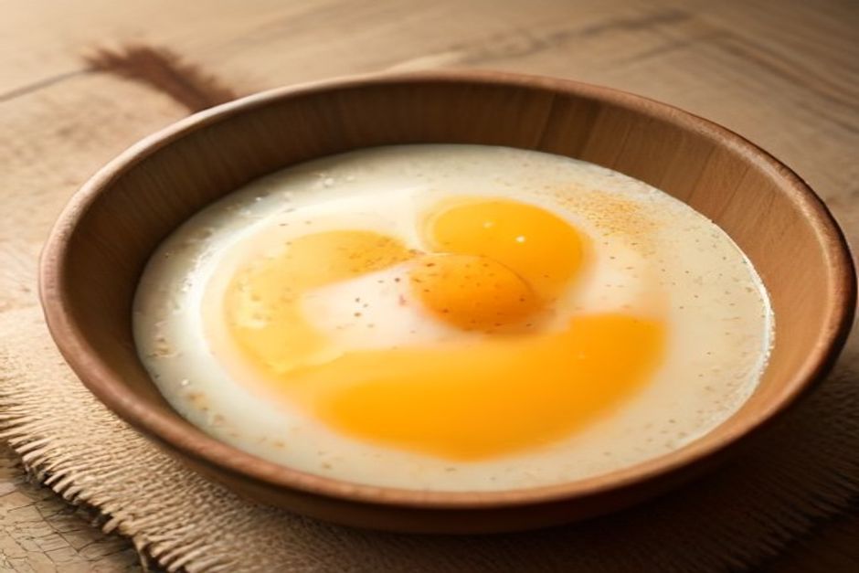 A rustic bowl of creamy millet porridge topped with a soft egg, scallions, and sesame seeds on a wooden table in morning light