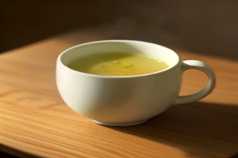 A steaming ceramic mug of pale miso broth with ginger slices and scallions on a wooden table in warm evening light