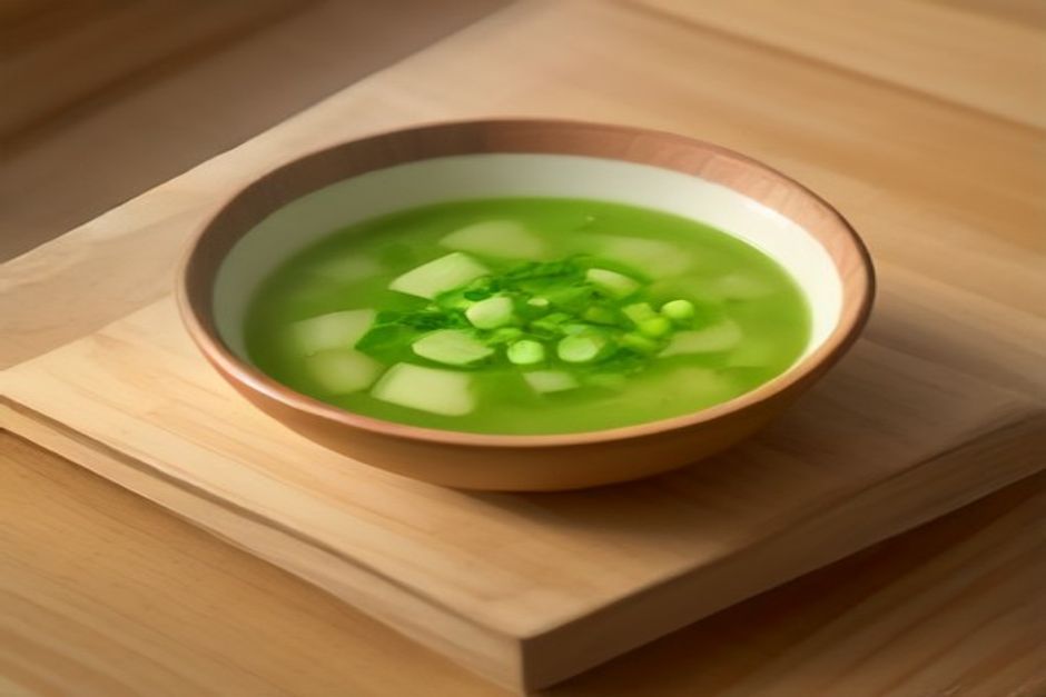 A bowl of miso soup with tofu cubes, wakame, and scallions on a wooden breakfast tray in morning light