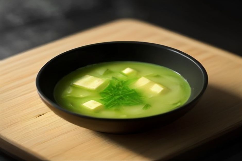A small dark bowl of miso soup with tofu cubes, wakame seaweed, and sliced scallions on a wooden tray, steam rising in morning light