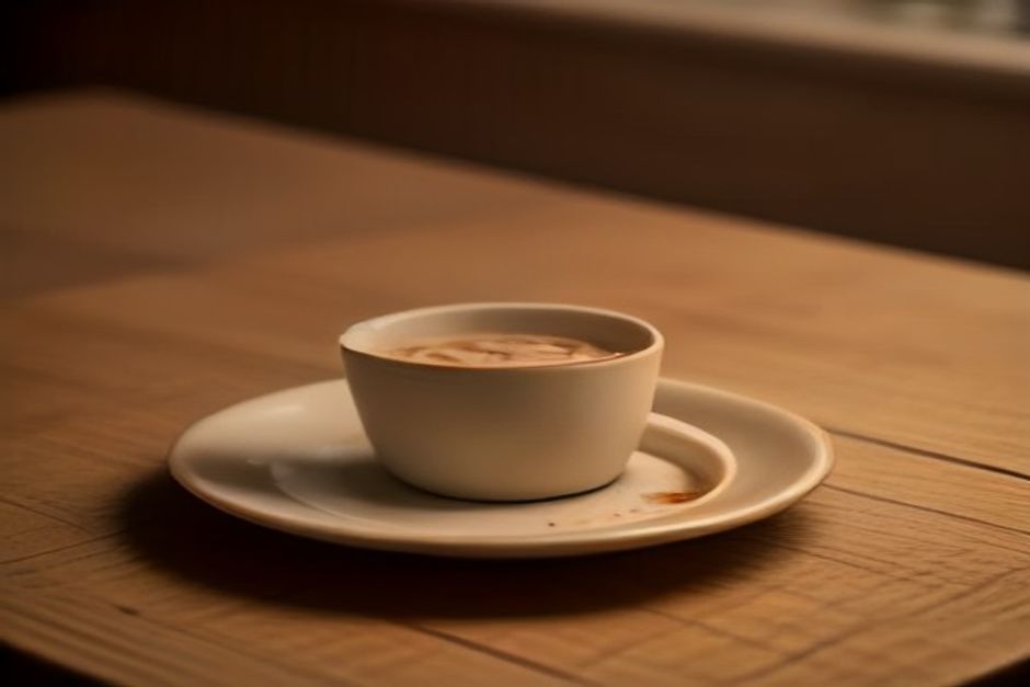 A ceramic mug of warm spiced milk with a star anise and cinnamon stick beside it on a wooden table, soft evening light