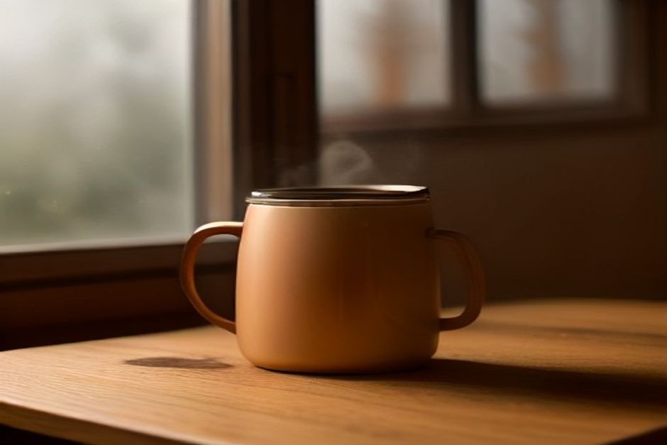 A steaming mug of amber mulled cider with a cinnamon stick and star anise, beside a thermos, autumn light