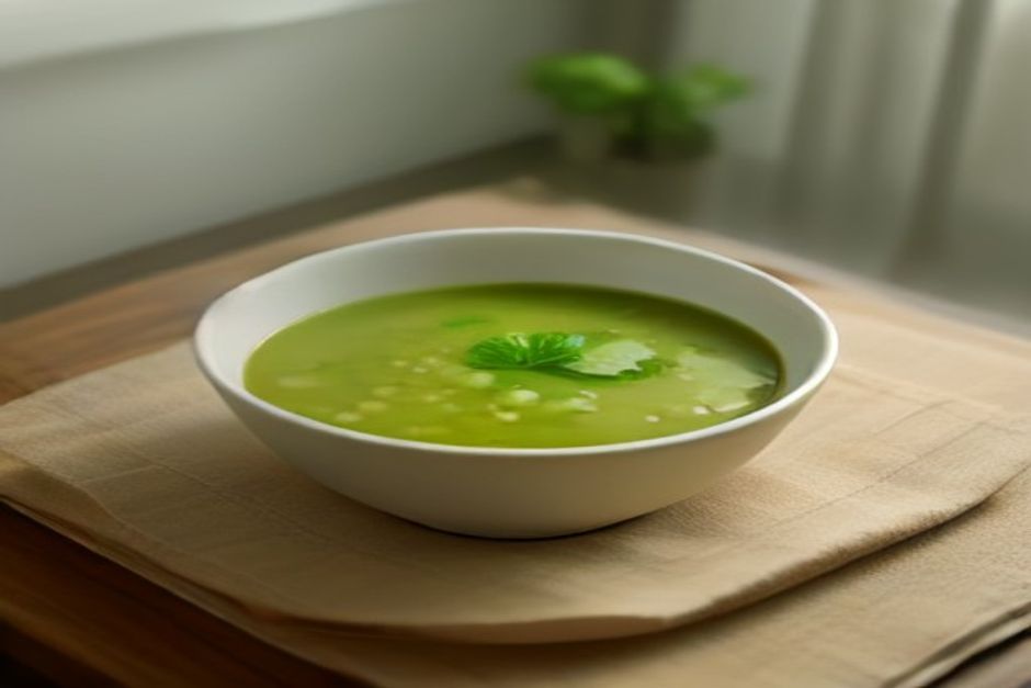 A pale golden bowl of mung bean soup garnished with fresh cilantro on a light wooden table, soft natural window light