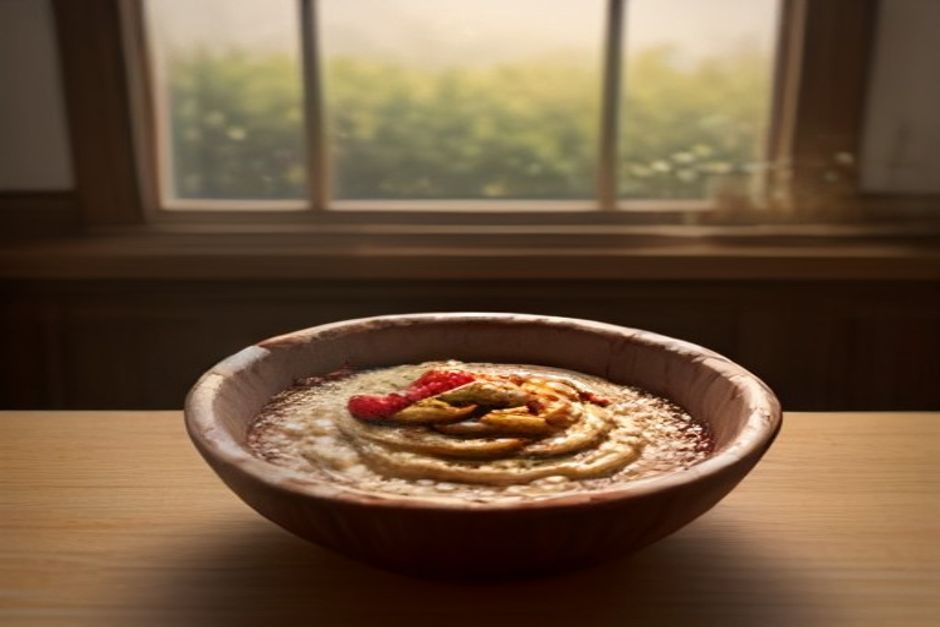 A ceramic bowl of oatmeal topped with berries, seeds, and a swirl of almond butter on a wooden table