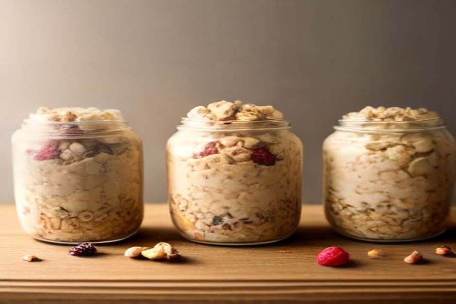 Three glass jars of overnight oats topped with berries, sliced banana, and chopped nuts on a wooden counter in morning light