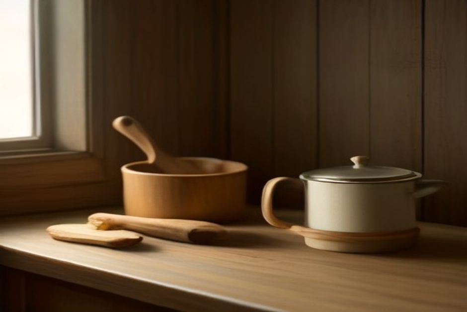 A small saucepan of stewed pear slices with fresh ginger on a wooden kitchen counter, soft morning light